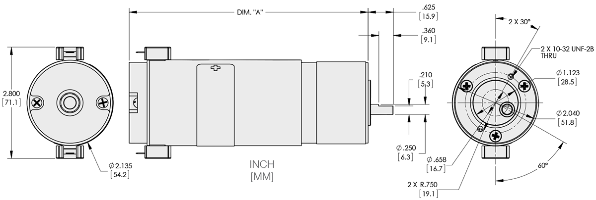 Series 121-4 - 2.1 inch DC Spur Gear Motor Technical Drawings